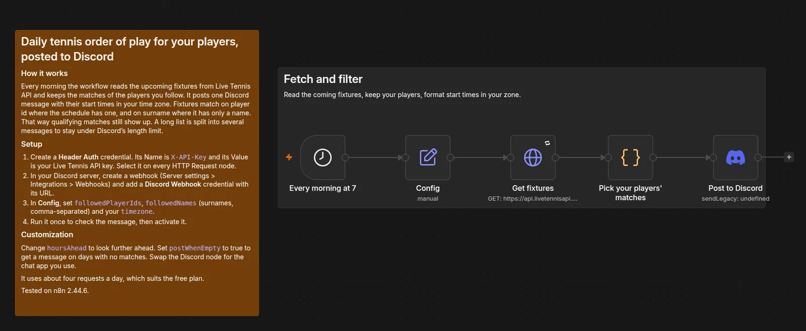 The Daily order of play to Discord workflow in the n8n editor, HTTP Request version